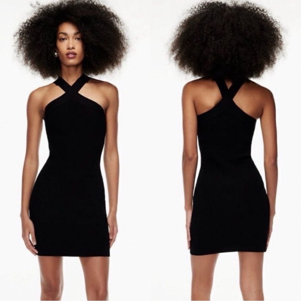 ARITZIA Babaton Sculpt Knit Black Criss Cross High Neck Mini Dress